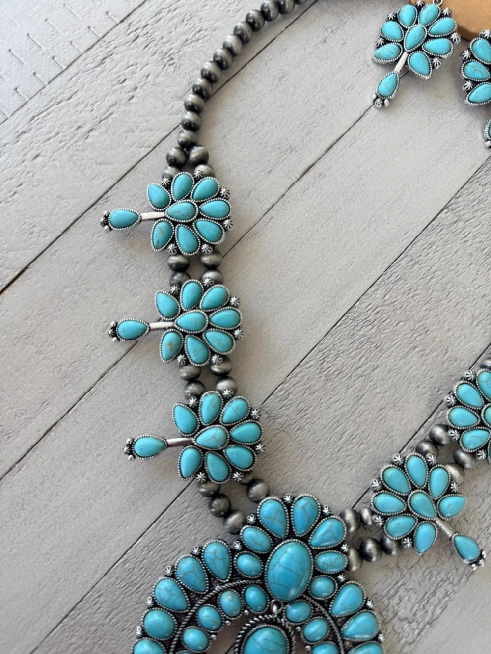 Western Fashion Turquoise Squash Blossom Statement Necklace & Earring Set